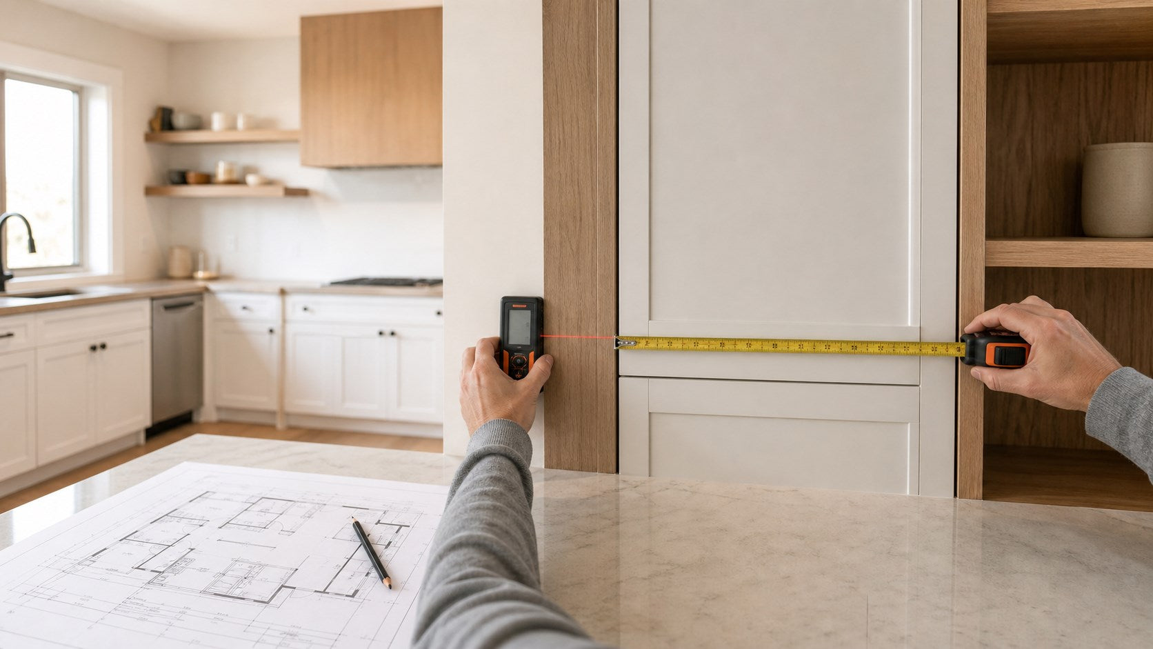 Designer measuring a custom cabinet wall with a tape measure and laser distance meter