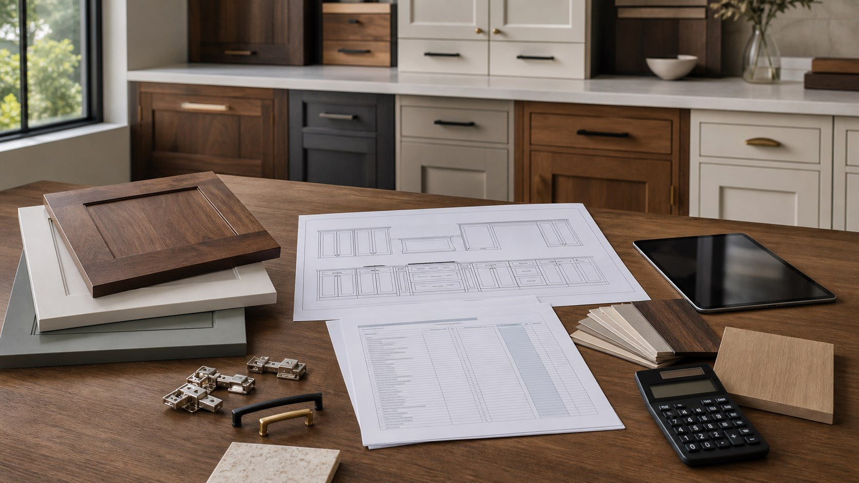 Custom cabinet quote planning with drawings, material samples, hardware, and calculator
