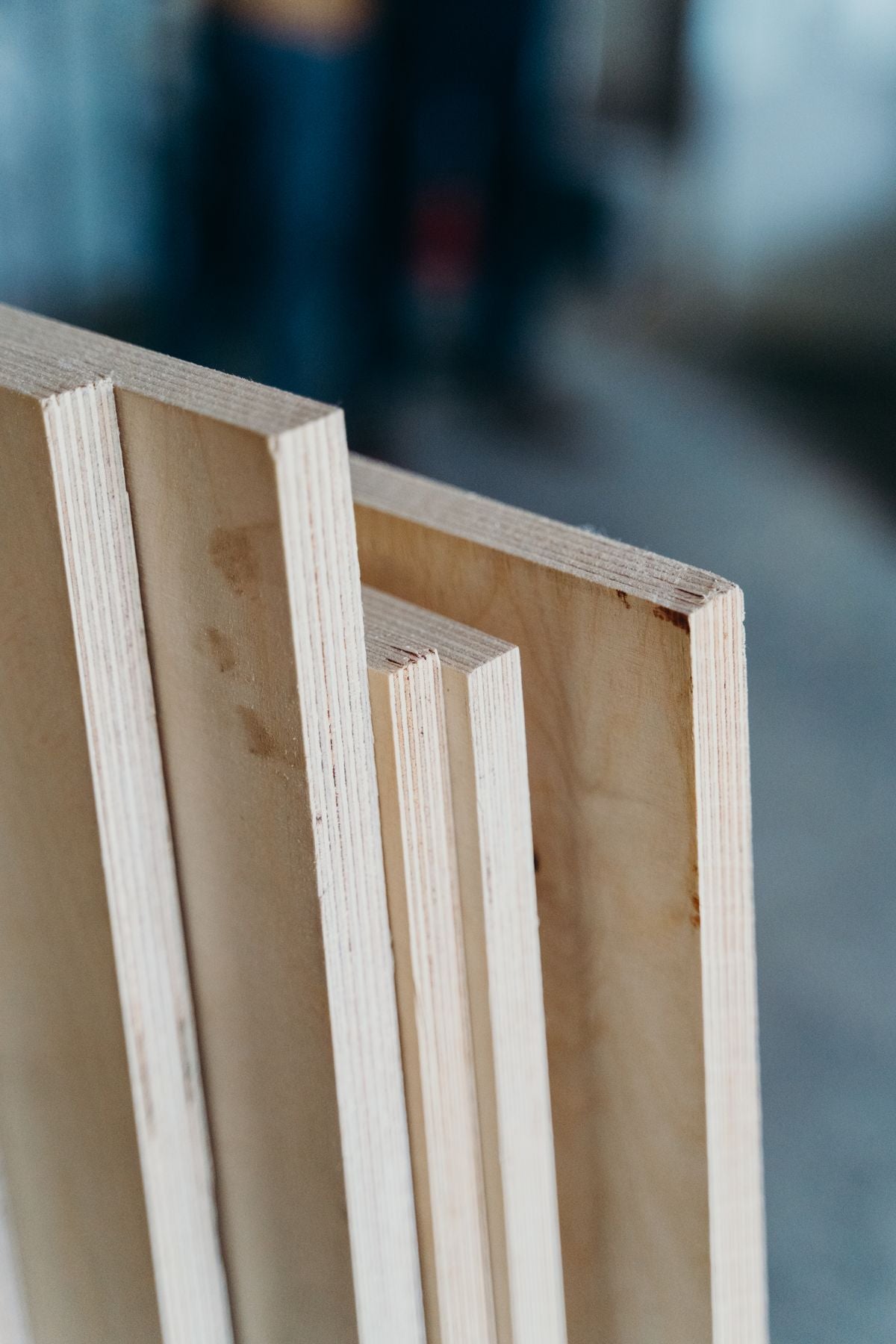 Close-up of plywood panels showing layered cabinet construction
