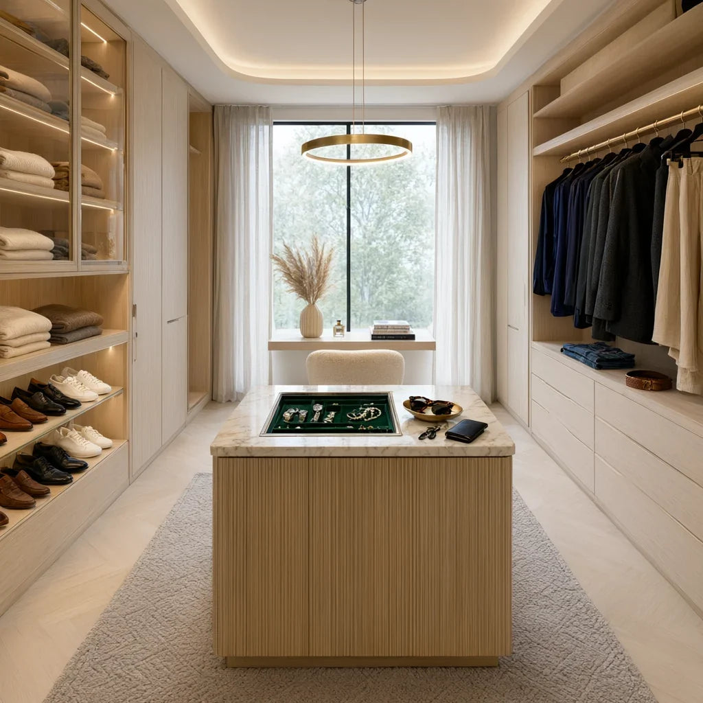 Walk-in closet with warm white oak custom cabinetry, central island, and integrated LED lighting