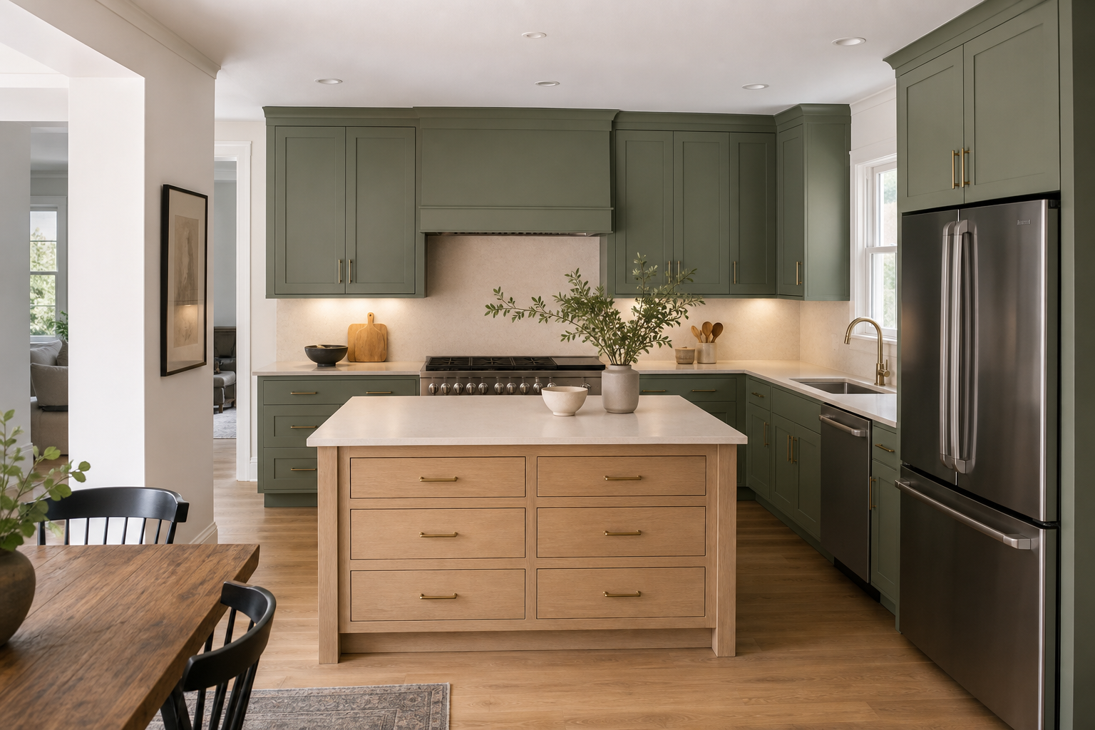 Concept visualization of sage green kitchen cabinets with a white oak island and warm white countertops