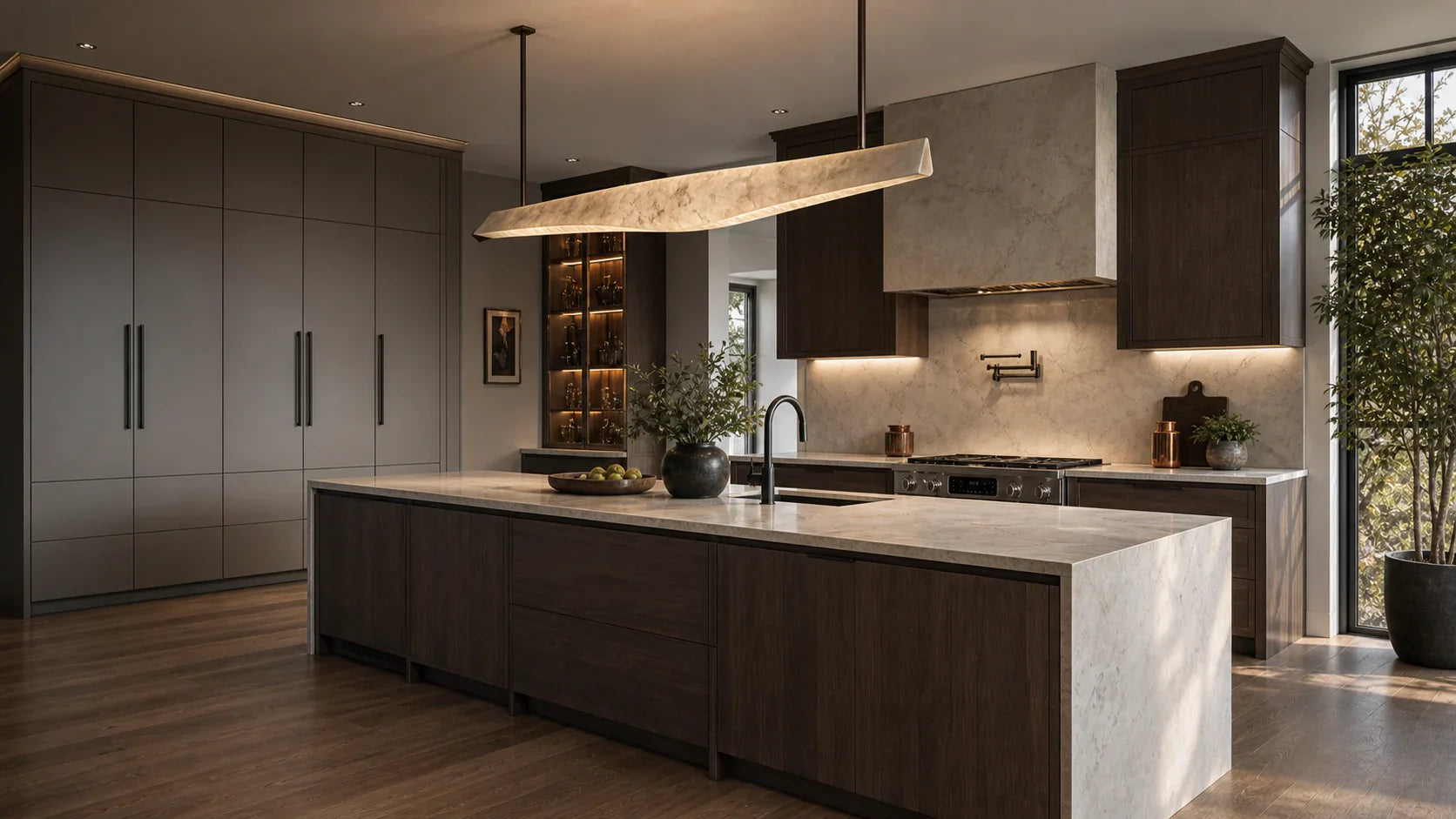 Premium American kitchen cabinetry in walnut and warm ivory finishes