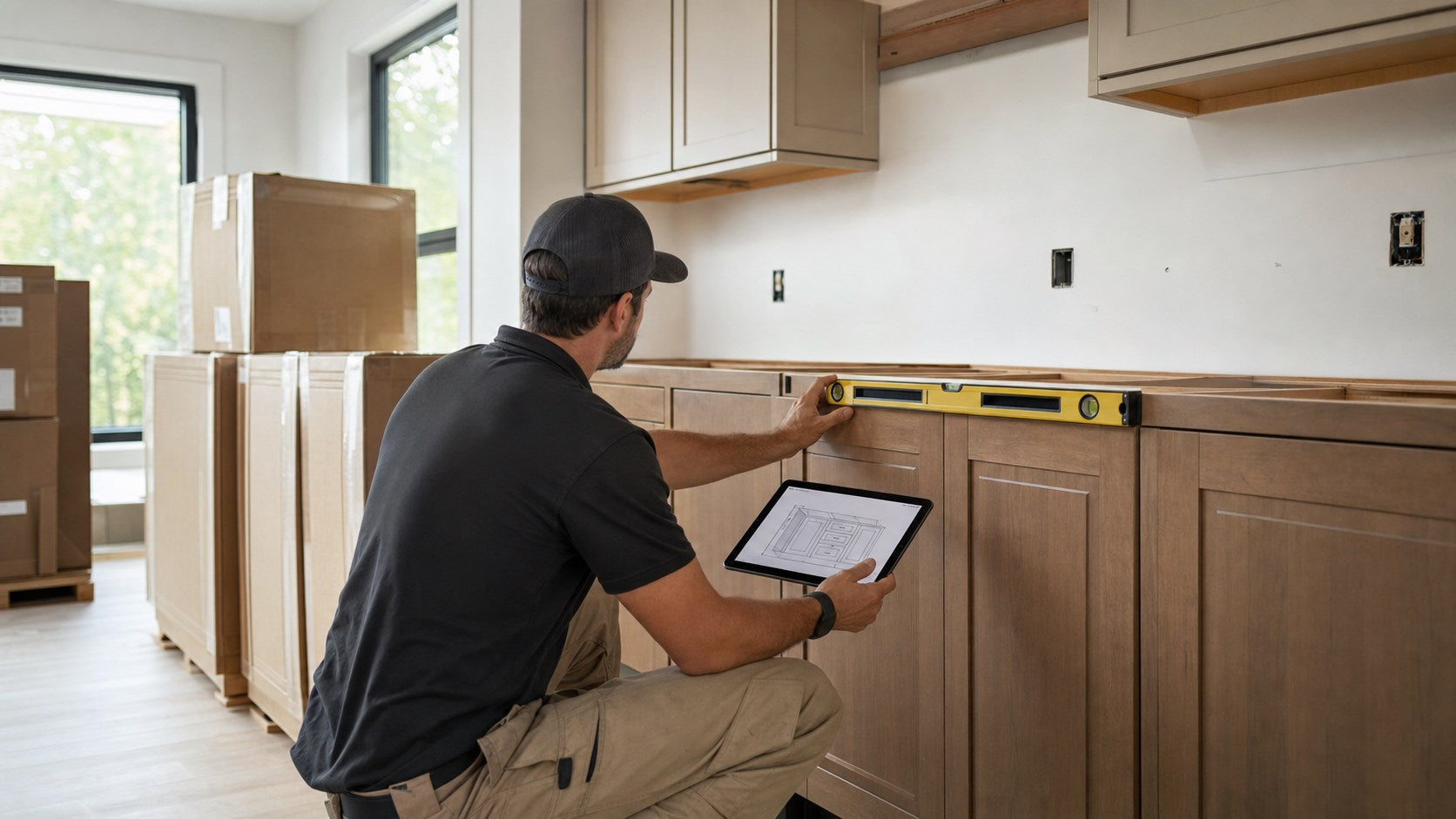 Local installer checking cabinet alignment while reviewing a cabinet drawing on a tablet