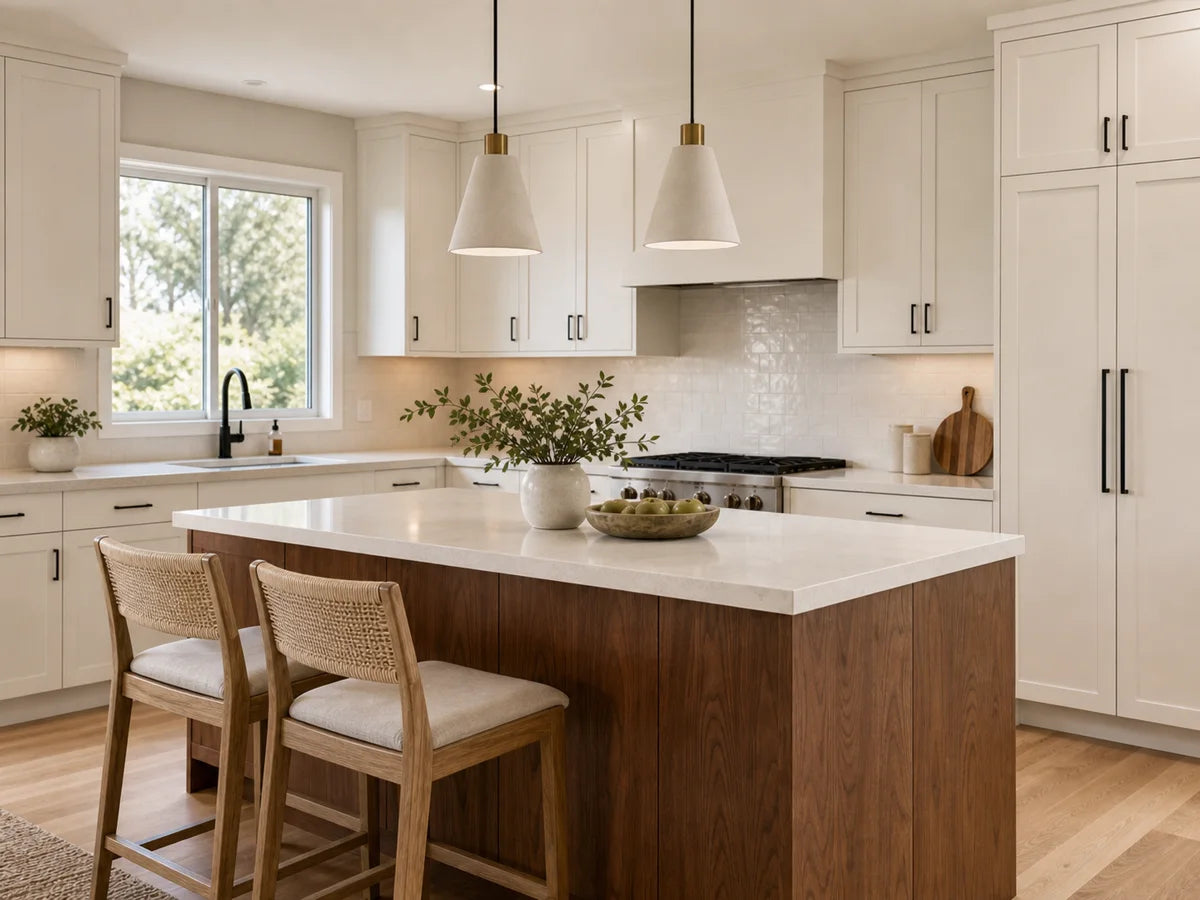 Finished kitchen cabinet layout with white perimeter cabinets and wood island