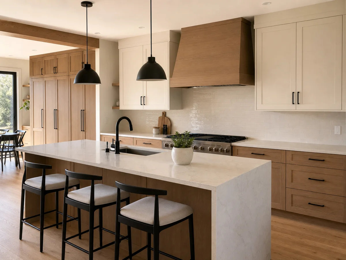 Natural warm wood kitchen cabinet trends in an American home
