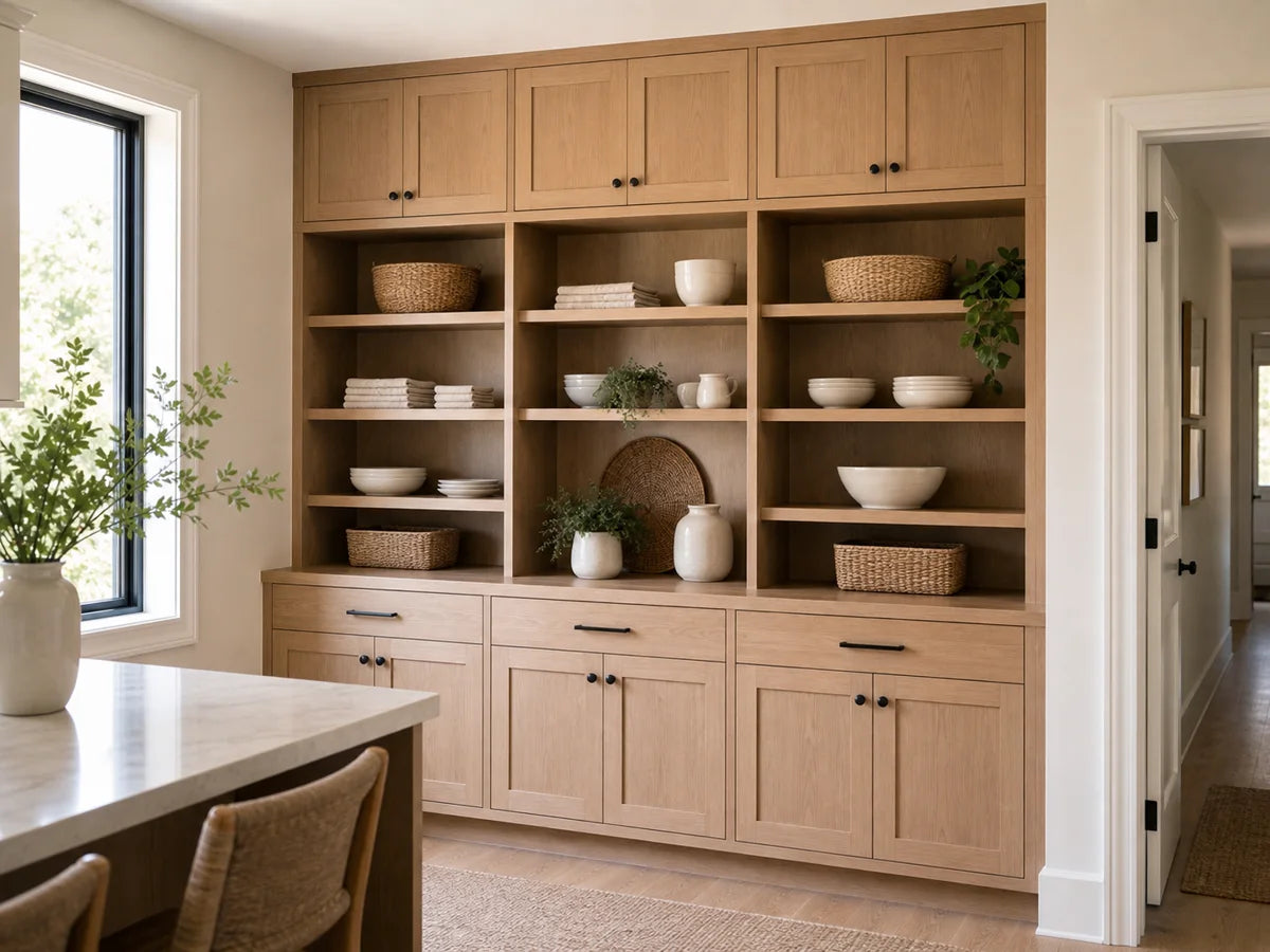 Finished built-in pantry storage wall with baskets and open shelving