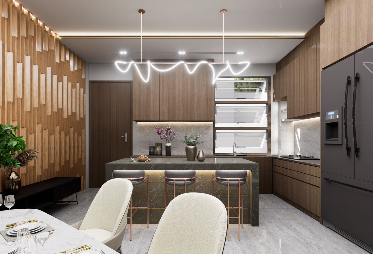 Modern kitchen with warm wood cabinetry and a central island