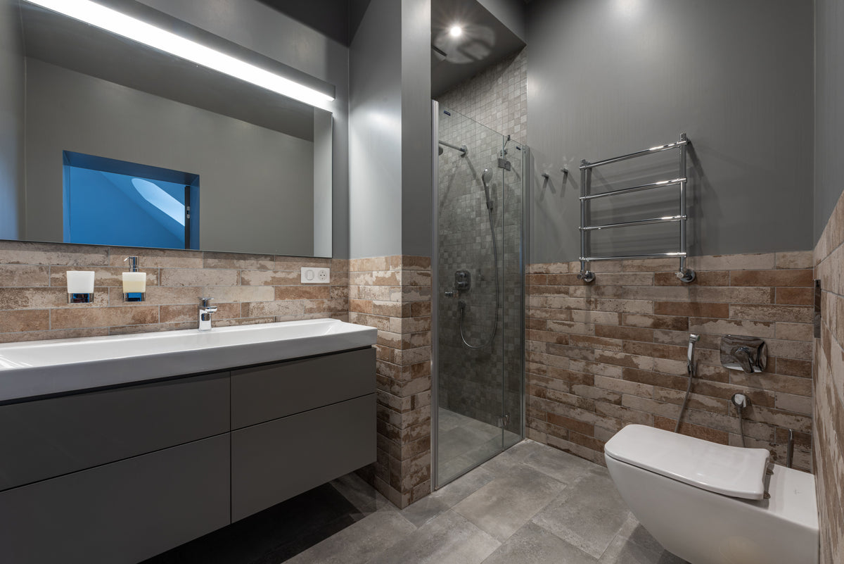 Modern bathroom with a floating wood vanity and double sinks