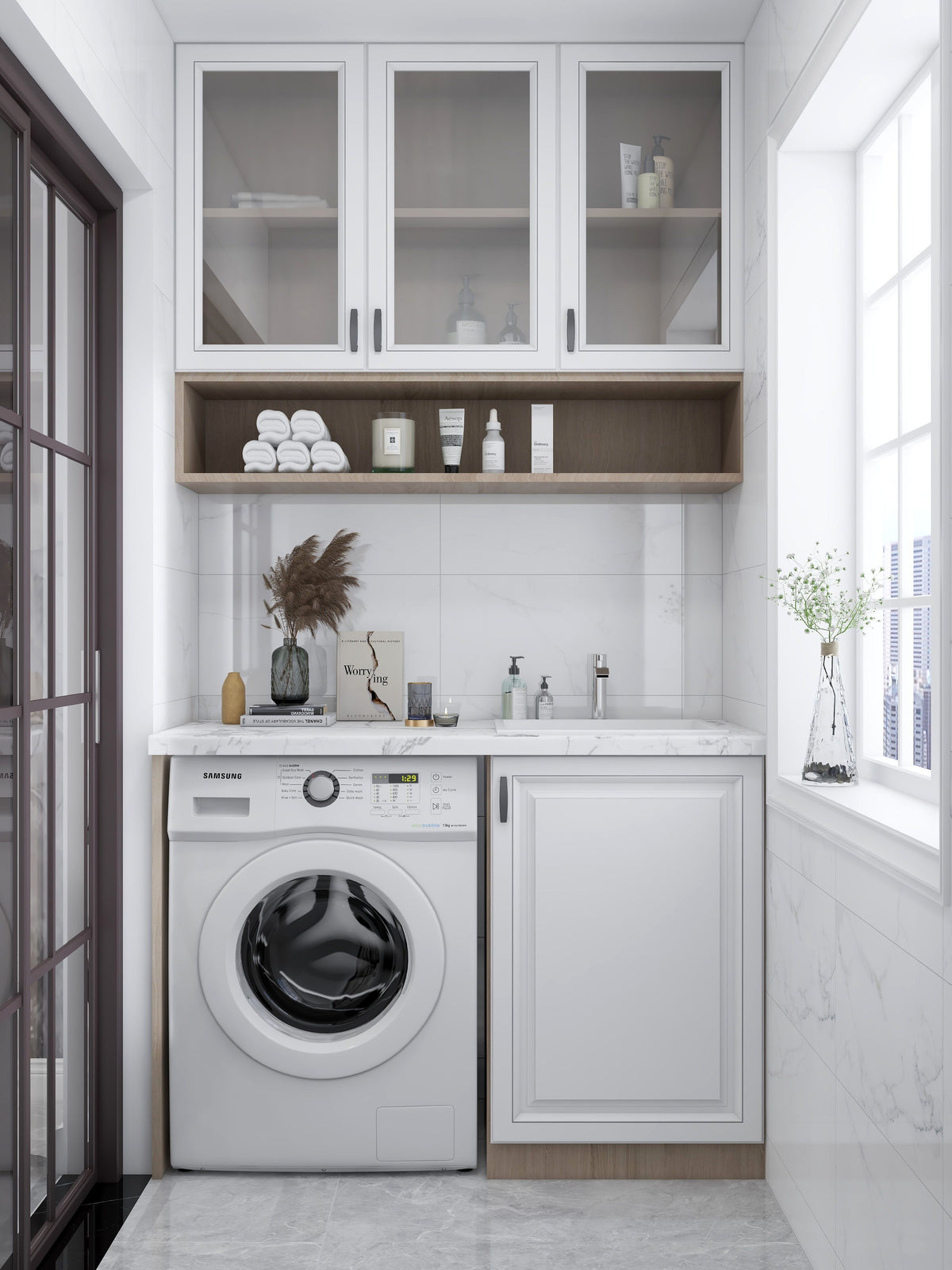 Modern laundry room with integrated cabinet storage